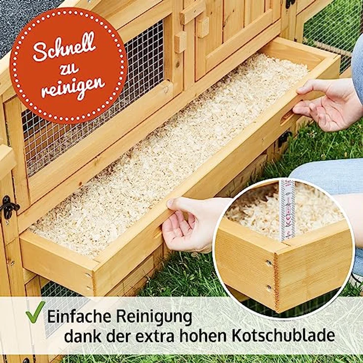 zooprinz großer Hasenstall, Kaninchenstall mit extra hoher Kotschublade aus massiven Vollholz - für draußen mit Öffnungsdach, natürliche Farbe – Bild 2