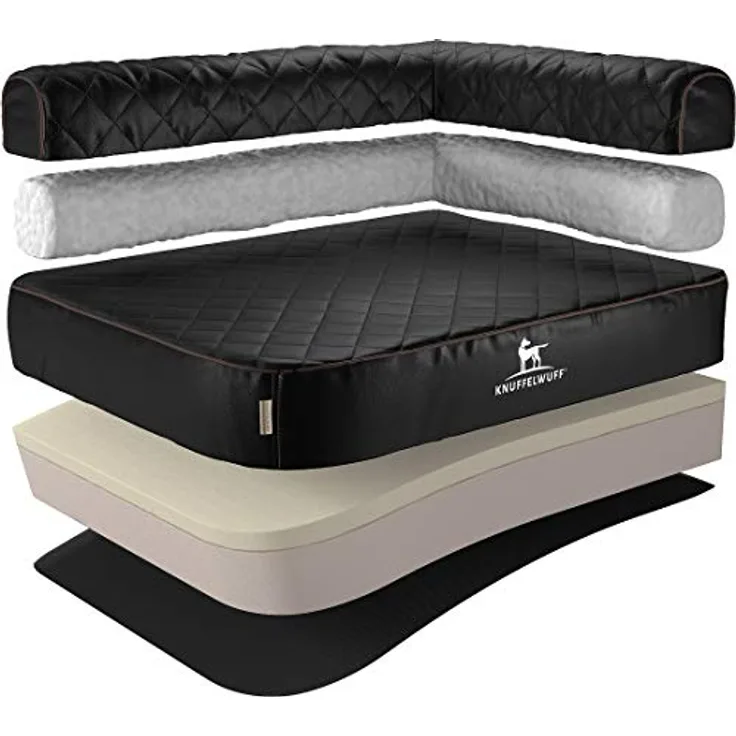 Knuffelwuff Orthopädisches Eck Hundebett Winslow aus Laser-gestepptem Kunstleder L 85 x 63cm Lehne Rechts Schwarz