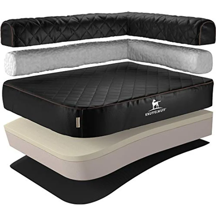 Knuffelwuff Orthopädisches Eck Hundebett Winslow aus Laser-gestepptem Kunstleder L 85 x 63cm Lehne Rechts Schwarz – Bild 1