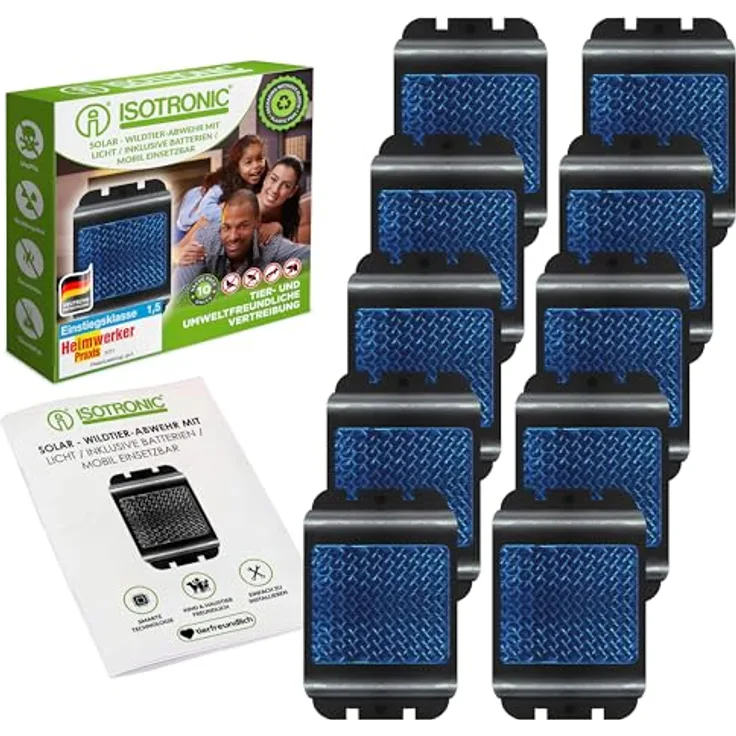 ISOTRONIC Tiervertreiber 10er Set batteriebetrieben, gegen Wildtiere wie Waschbären, Rehe, Füchse, Wildschweine UVM. – effektive Tierabwehr mit blauem LED-Licht & Reflektoren – 300m² Wirkungsbereich