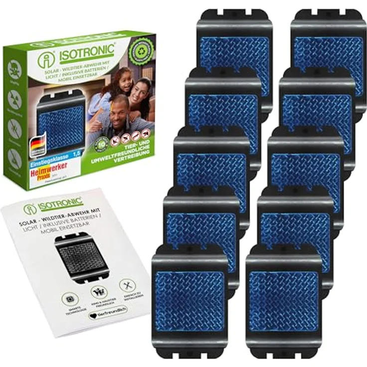 ISOTRONIC Tiervertreiber 10er Set batteriebetrieben, gegen Wildtiere wie Waschbären, Rehe, Füchse, Wildschweine UVM. – effektive Tierabwehr mit blauem LED-Licht & Reflektoren – 300m² Wirkungsbereich – Bild 1