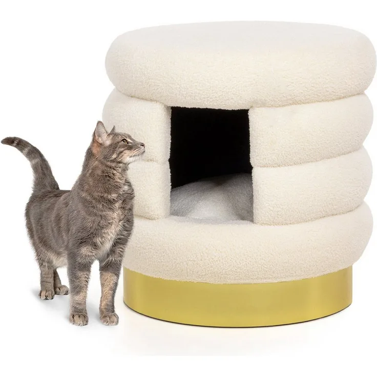 Canadian Cat Company Tierbett Design Katzenbett Choupette, Luxus-Katzenhöhle in TEDDY WHITE & GOLD, 58 x 58 x 59 cm