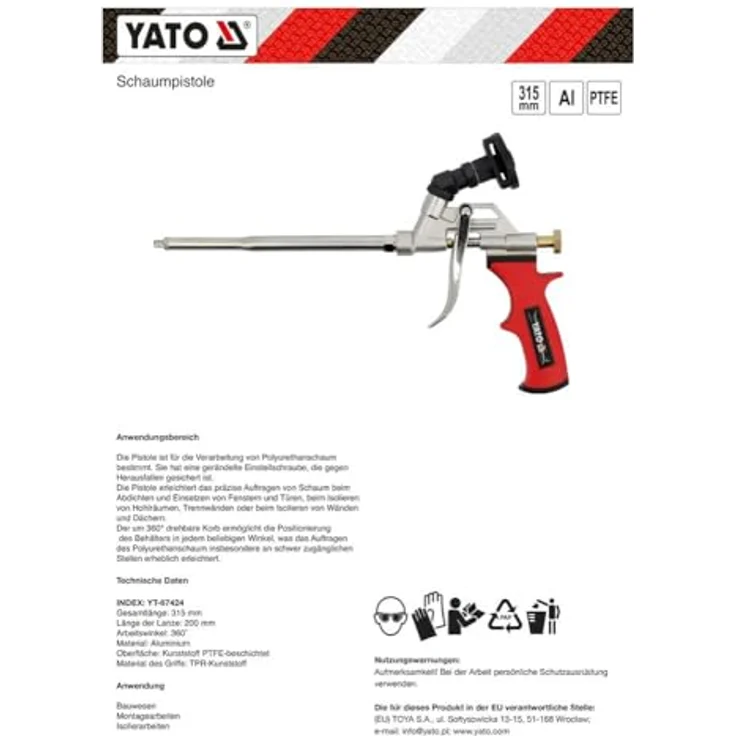 Yato PU Schaumpistole, Bauschaumpistole mit 360° Schwenkkorb, 315 mm Länge, Aluminium, PTFE-beschichtet – Bild 5
