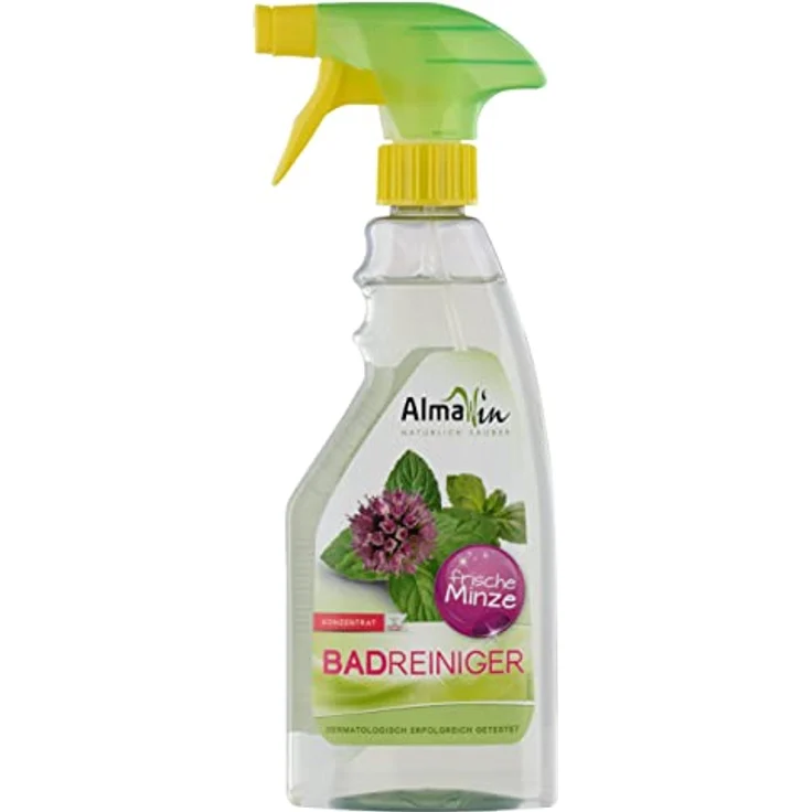 AlmaWin Badreiniger 500 ml I Umweltfreundlicher Allzweckreiniger für das gesamte Bad I Mit Pfefferminz-Duft I Effektiv gegen Kalk, Seifenreste etc. I Frei von synthetischen Duft- & Farbstoffen I Vegan – Bild 1