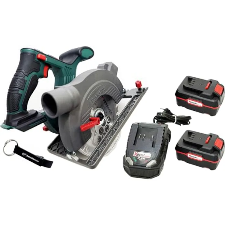 HEADNMORE® Bundle - PARKSIDE® 20V Akku Handkreissäge PHKSA 20 und HEADNMORE® Schlüsselanhänger (2x4Ah Akku), präzise Schnitte in Holz, PVC, inkl. Transportkoffer, Laserführung, kompatibel mit PARKSIDE X 20 V Team, blau