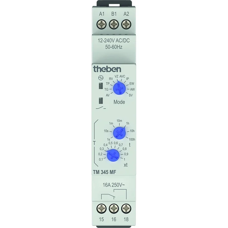 Theben TM 345 MF, Elektronisches Zeitrelais mit 10 Betriebsarten und Rastdrehschalter для DIN-Schienen-Montage