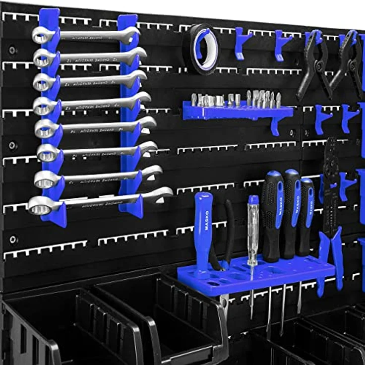 MASKO® Stapelboxen + Wandregal + Werkzeughalter 45-teiliges Set Schwarz / Blau - Ordnung für Kleinteile in Werkstatt, Garage und Lager – Bild 3