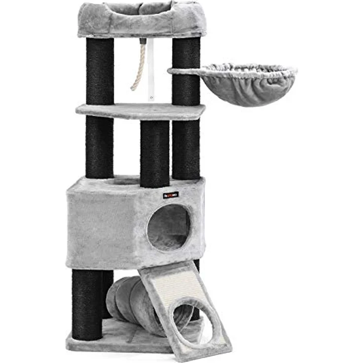 FEANDREA Großer Kratzbaum, M Katzenbaum, mit Höhle, Hängematte, Plüschplattform, Tunnel, Sisalstämme, Kratzbrett, 50 x 50 x 141 cm, hellgrau-schwarz PCT02W – Bild 1