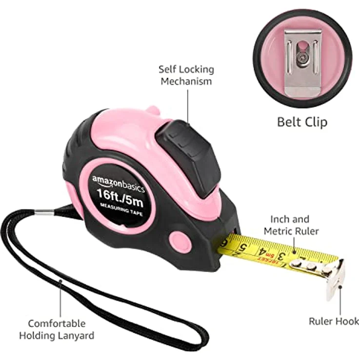 Amazon Basics Maßband, 5 m (16 Fuß), pink, einziehbar, mit Gürtelclip und schlagfestem Gehäuse – Bild 5