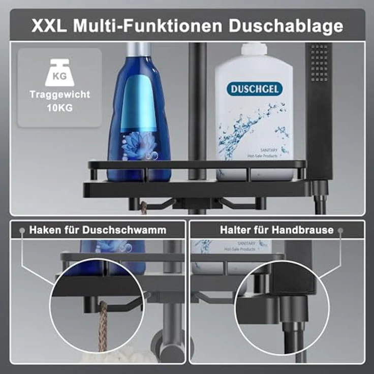 Görbach Regendusche Duschsystem XL, Edelstahl Duschset ohne Armatur, Kopfbrause 30x30 cm, schwarze Duschablage, verstellbare Duschstange – Bild 4