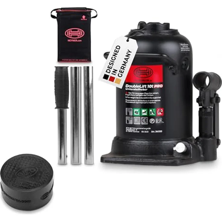 HEYNER® DoubleLift 10t PRO, hydraulischer Wagenheber mit Gummiauflage, 2-stufiger Unterstellheber für SUV Transporter, Hubhöhe 210–442 mm, inkl. alca® Anti-Rutsch Schutzpad – Bild 1