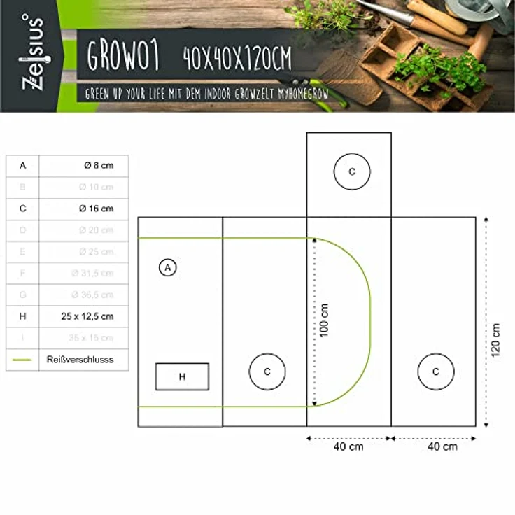 Zelsius Gewächshaus Grow Tent 40 x 40 x 120 cm grau/schwarz Pflanzenzucht Indoor – Bild 2