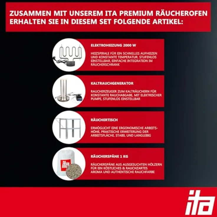 ITA Elektrischer Räucherofen 7000, Smoker Set mit Heizung, Tisch und Rauchgenerator, Räucherschrank mit Fenster & Thermometer, legierter Stahl, EU Qualität – Bild 2