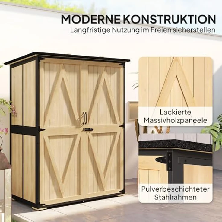 Outsunny Gartenschrank, Geräteschuppen aus Holz mit 2 Türen, wetterfest und abschließbar, Regale und Asphalt-Pultdach, 140 x 74 x 173 cm, Naturholz – Bild 3