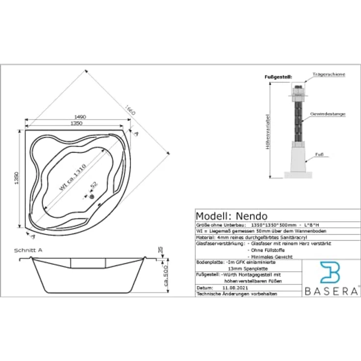 Basera® Whirlpool-Badewanne Nendo 149 x 149 cm, Indoor Eck-Whirlpool (Komplett-Set) mit 21 Massagedüsen, Wasserfall, LED, Touchpanel, Bluetooth und Radio, weiß – Bild 6