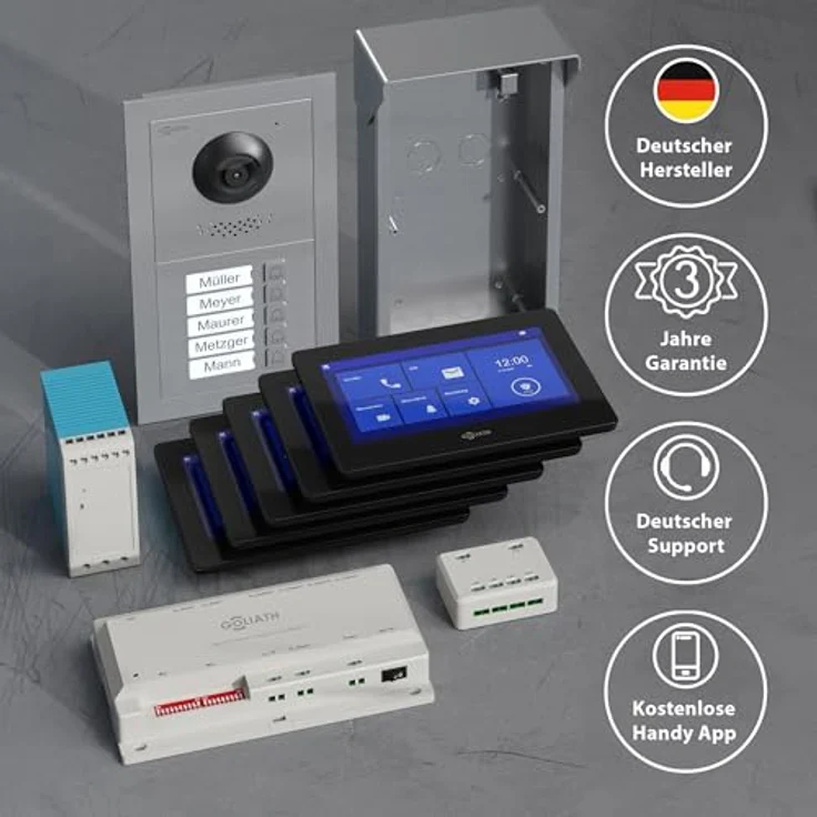 Goliath Intercom Video-Türsprechanlage, 7-Zoll Monitor, HD Kamera, 2-Draht System für 5-Familienhaus, Weiß/Schwarz – Bild 6