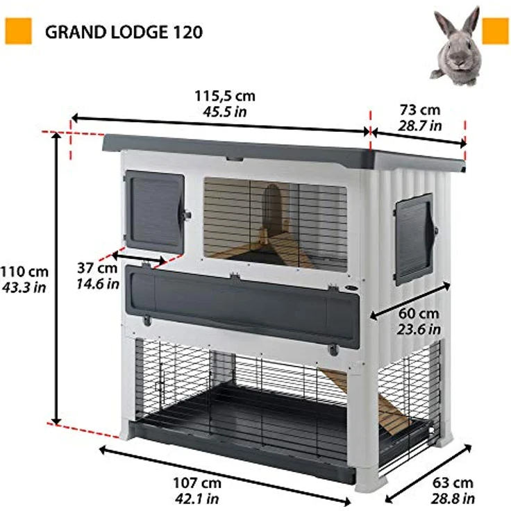 Ferplast Zweistöckiger Kaninchenstall im Freien GRAND LODGE 120 PLUS Kaninchenkäfig Hasenstall Meerschweinchen und andere Kleintiere mit Zubehör und Kaninchenhaus, 115,5 x 73 x h 117 cm Grau – Bild 2