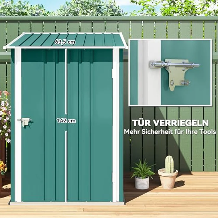 Outsunny Metall Gerätehaus, Geräteschuppen 0,92 m² mit Pultdach und abschließbarer Tür, grün, für Garten und Außenbereich – Bild 4