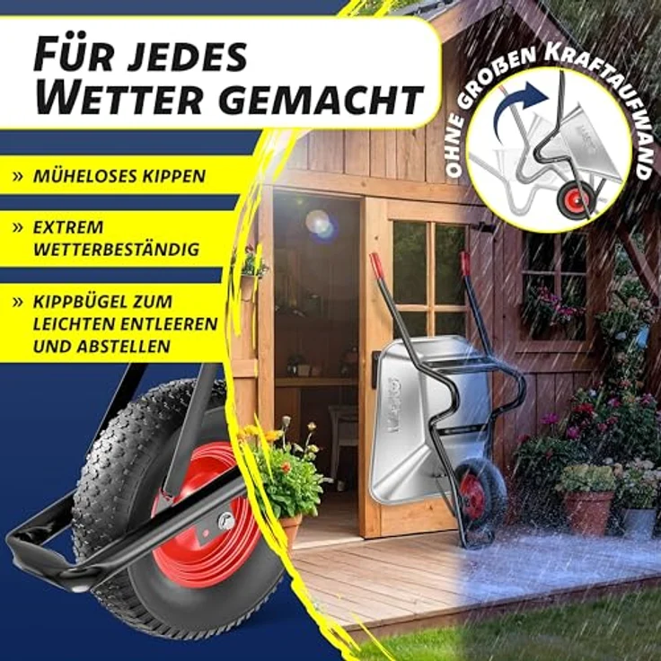 MASKO® Schubkarre 100 Liter, Bauschubkarre für 250 kg Traglast mit Luftreifen und Stahlfelge, verzinktem Rahmen und Ersatzschlauch, inklusive Arbeitshandschuhe – Bild 5