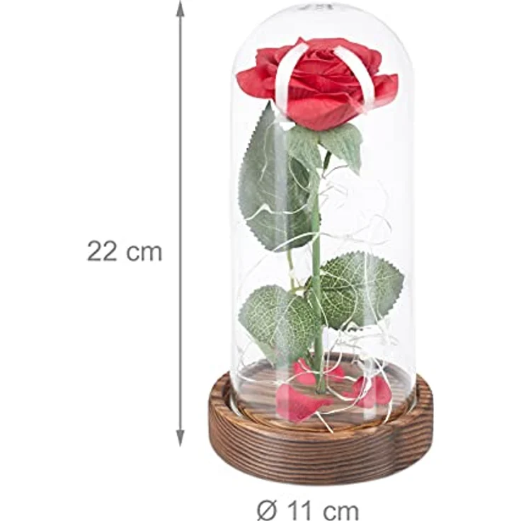 relaxdays Kunstblume Ewige Rose im Glas mit Licht, Höhe 22 cm, handgefertigt aus hochwertigen Materialien, romantische Atmosphäre (Rot) – Bild 5