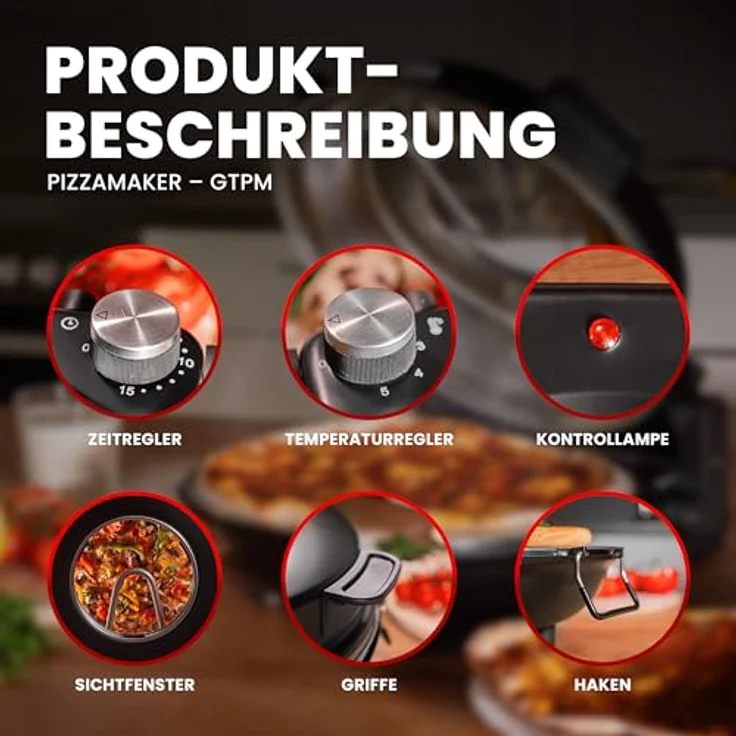 GENTOR Pizzaofen Pizzamaker 1200W 220-240V Elektrischer Pizzaofen mit feuerfestem Pizzastein bis 420 Grad – Bild 8