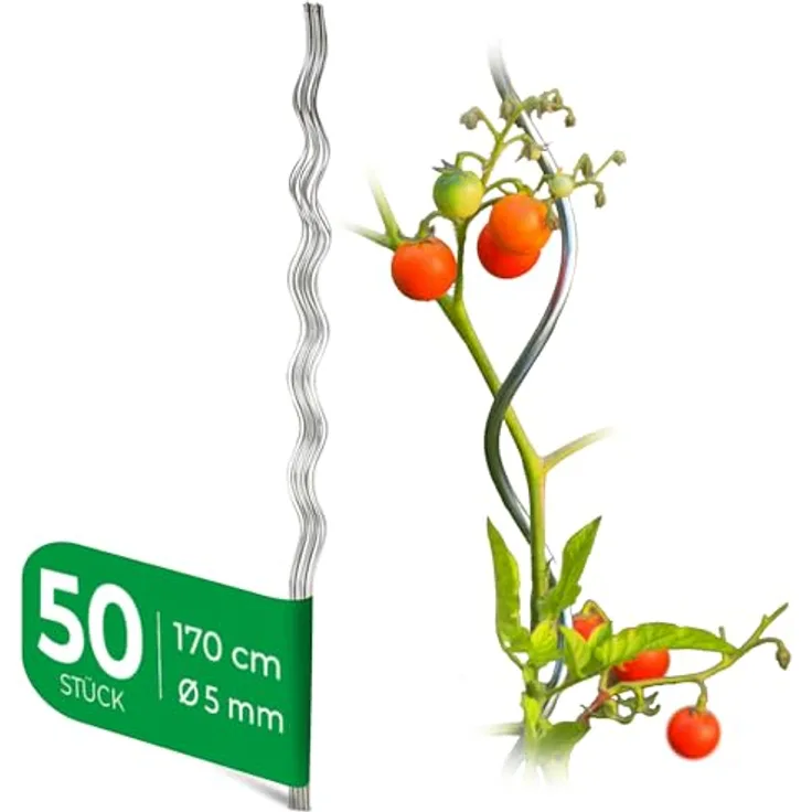 Novatool Rankhilfe 19649, 50 Stück Tomatenstäbe 170 cm x 5 mm Ø, wetterfeste Spiralsystem Pflanzhilfe für Tomaten und Gurken
