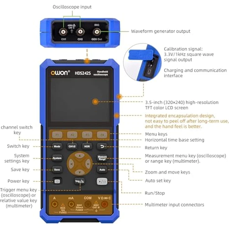 OWON HDS242S Handoszilloskop Multimeter, 2-Kanäle, 40MHz Bandbreite, 250MSa/s Abtastrate, 20000 Zähler, tragbares digitales Automobiloszilloskop für Spannung, Strom, Kondensator – Bild 4