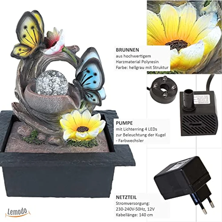 Zimmerbrunnen MOTIV mit LED Beleuchtung Schmetterling – Bild 2