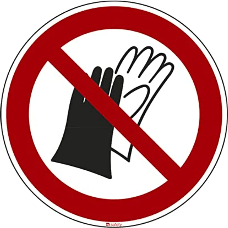 DENIOS Verbotszeichen "Schutzhandschuhe benutzen verboten", 10 Stück, wetterfeste Folie, Ø 100 mm, Warnschild für sicheres Arbeiten