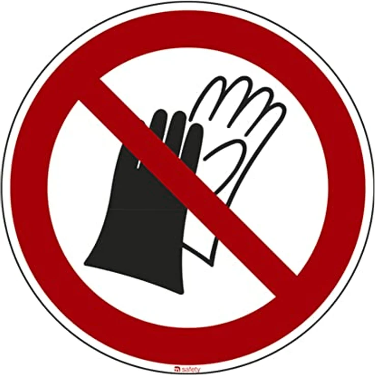 DENIOS Verbotszeichen "Schutzhandschuhe benutzen verboten", 10 Stück, wetterfeste Folie, Ø 100 mm, Warnschild für sicheres Arbeiten