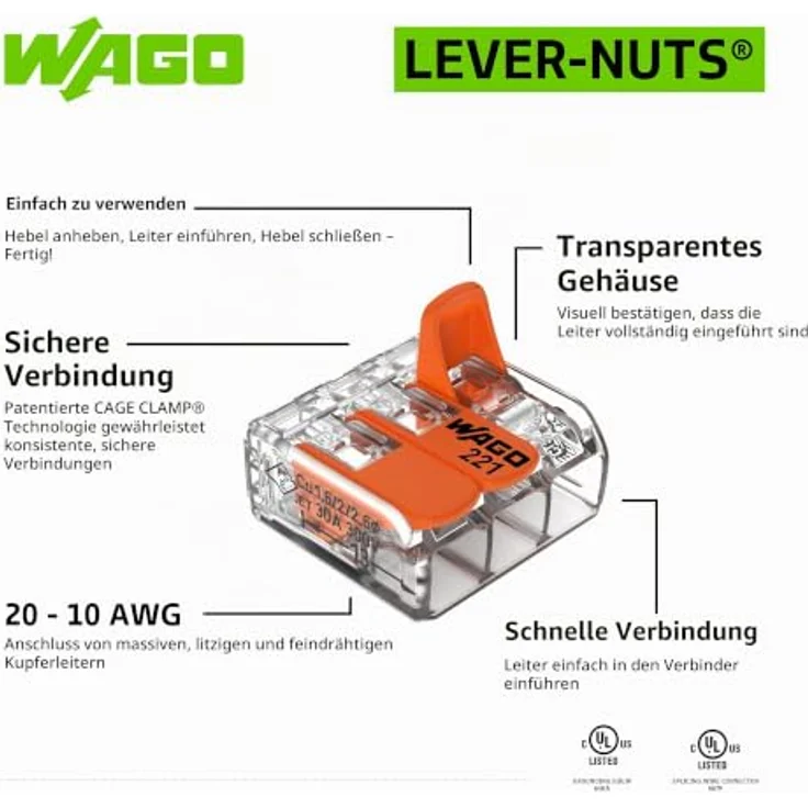 WAGO 221-613 Verbindungsklemme, flexibel für Leiterquerschnitte 0.5-6mm², Polzahl 3, transparent orange – Bild 4