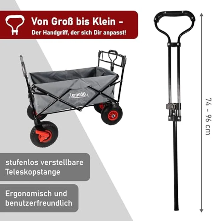 Lemodo Bollerwagen mit Luftreifen, faltbar, 120 kg Tragkraft, Dach, abnehmbarer grauer Bezug, ideal für Camping & Strand – Bild 4