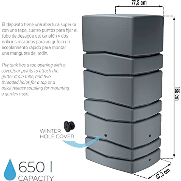 Prosperplast BenOli Regentonne 650L Aqua Tower IDTC 650 Liter in Anthrazit mit Füllautomat und Anschluss-Set, 77,5 x 57,3 x 165 cm – Bild 2