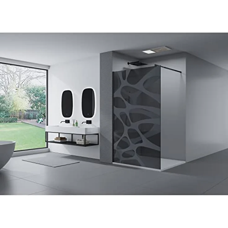 BERNSTEIN Walk-In Duschwand EX101, 140 x 200 cm, 10 mm Nano ESG Glas in Grau mit Milchglas-Muster Wave und schwarzem Profil – Bild 2