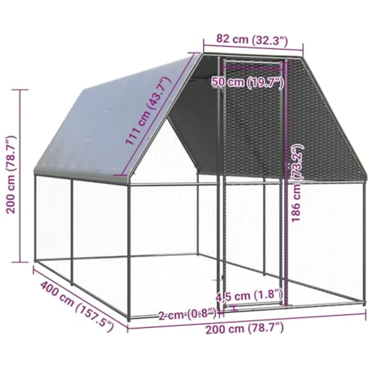 vidaXL Hühnerstall, Outdoor-Hühnerkäfig 2x4x2 m aus verzinktem Stahl, wasserabweisendes Dach, silbern/silbergrau – Bild 5