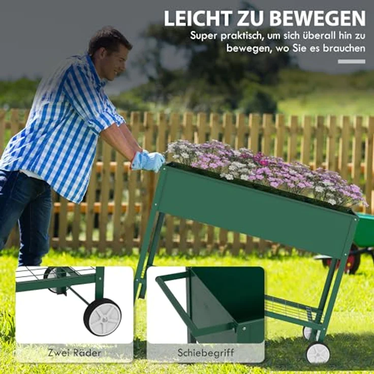 Outsunny Hochbeet mit Rädern, Regal Kräuterbeet Pflanzenbeet Metall für Garten, Balkon Grün 109 x 44 x 80 cm – Bild 3