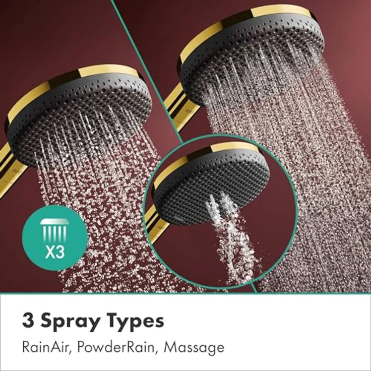 hansgrohe Raindance Alive Select S, Duschbrause mit 3 Strahlarten, Anti-Kalk und AirPower-Technologie, polished gold und Graphit – Bild 3