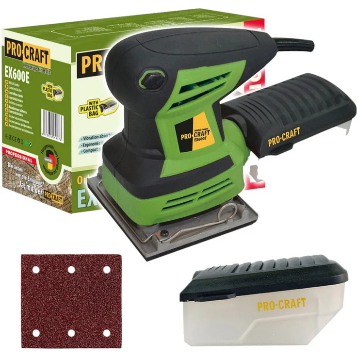 PRO CRAFT Schwingschleifer EX600E, 260 Watt, 100 x 110 mm, ergonomischer Griff, inkl. Schleifpapier und Staubbehälter