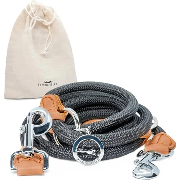 FREUDENTIER® Hundeleine für mittelgroße & große Hunde – 2m Länge & 3-Fach verstellbar - Führleine aus robustem Nylon abgerundet mit stilvollen braunen Lederelementen (schwarz) – Bild 1
