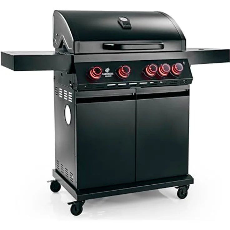 Landmann COOL BLACK 4.1 Gasgrill, Grillwagen mit 4 Brennern, bis zu 320 °C, Seitenbrenner, Cook-Zone, Warmhalte-Grillrost, großzügiger Grillfläche, Doppelwanddeckel und Thermometer