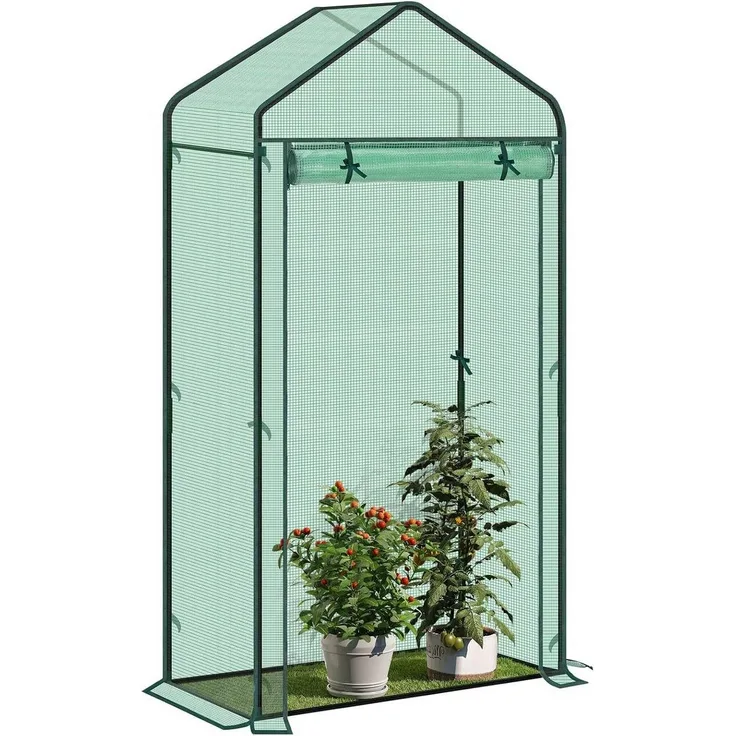 Woltu Gewächshaus, Foliengewächshaus Treibhaus PE Gitterplane, Metallrahmen, Stecksystem, PE-Netzgewebefolie, Spitzdach, 4 Heringe, 100x50x190 cm, Weiß/Gün