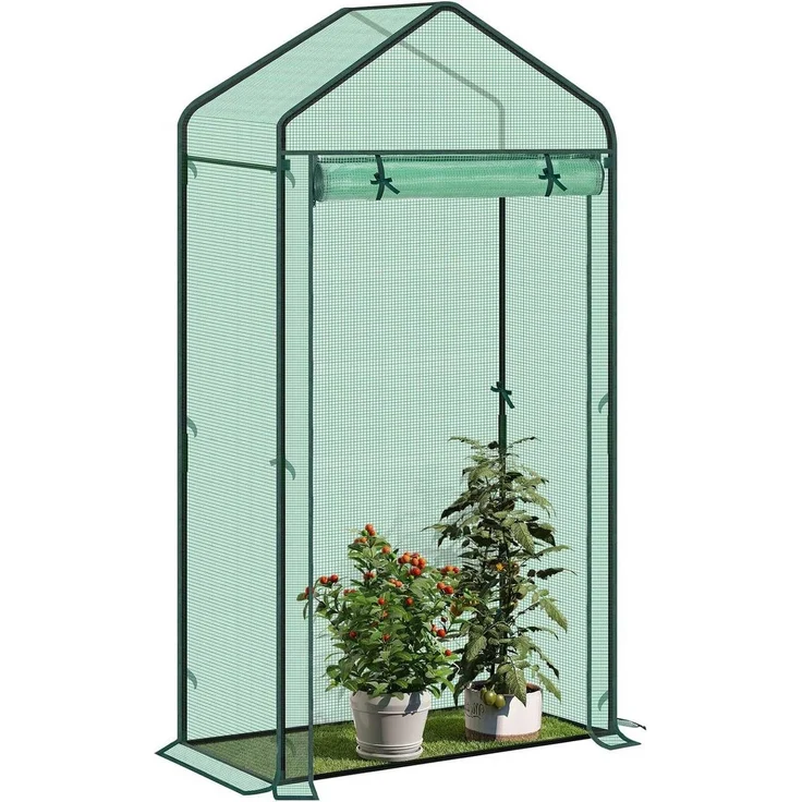 Woltu Gewächshaus, Foliengewächshaus Treibhaus PE Gitterplane, Metallrahmen, Stecksystem, PE-Netzgewebefolie, Spitzdach, 4 Heringe, 100x50x190 cm, Weiß/Gün