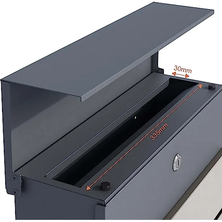 Toboli Briefkasten V64 Anthrazit und Edelstahl 410 x 130 x 370 mm, abschließbar, Soft Close Klappe, Zeitungsfach – Bild 5