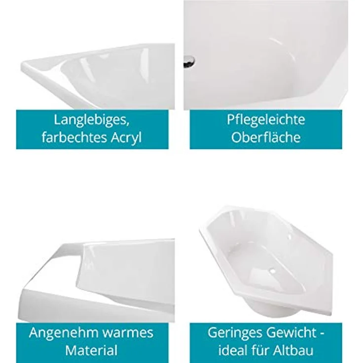 Calmwaters® Sechseck Badewanne Komplettset 190x90 cm mit Wannenfüßen & Ablaufgarnitur, Acrylwanne Exclusive, Duowanne für 2, Set Badewanne komplett, 6 Eck Wanne 190 x 90, Weiß, 99000334 – Bild 2