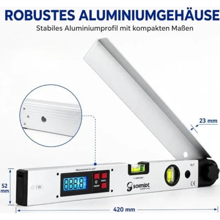 SCHMIDT security tools WM-420A digitale Wasserwaage und Winkelmesser, LCD Display mit blauer Hintergrundbeleuchtung, Messgenauigkeit ±0,5°, Silber – Bild 5