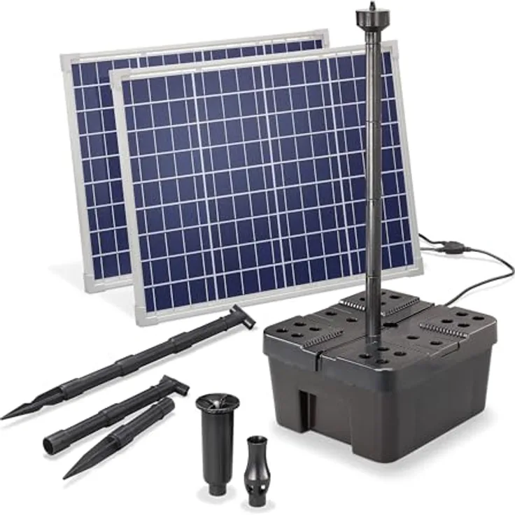 Esotec Solar Teichfilterset 100/3400, Unterwasserfilter mit 3400 l/h Teichpumpe, 100Wp Solarmodul, für Gartenteiche bis 7000 l mit Wasserspiel