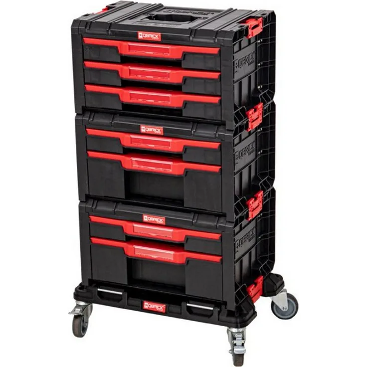 QBRICK System PRO Drawer Workshop Set 1 2.0, Modularer Werkzeugkoffer mit 7 Fächern, 2x Drawer 2 und 1x Drawer 3 Toolbox, transportabel mit Rollplattform