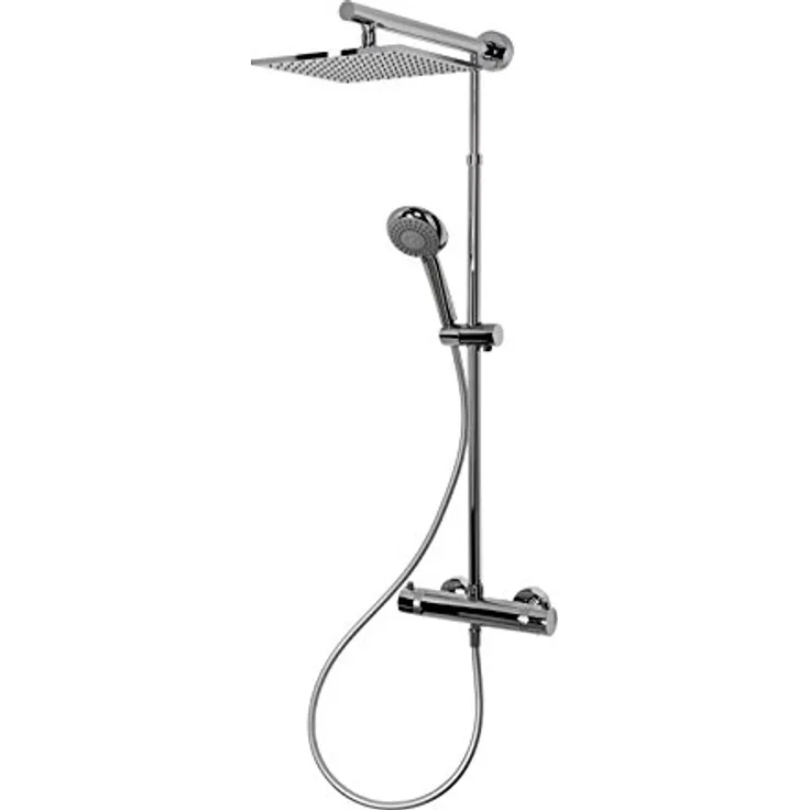 Schulte Duschsystem mit Sicherheits-Thermostat, Kopfbrause eckig extra-flach, verchromter Korpus aus Messing, Duschmaster Rain mit Regendusche