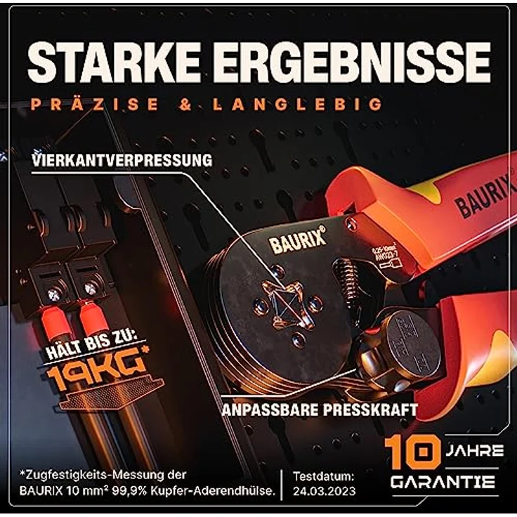 BAURIX® Crimpzange PERSEUS, ergonomische Aderendhülsenzange mit 2000 Aderendhülsen Set, Kraftregler für 0,25-10mm², gleichmäßige Vierkantverpressung für Elektroinstallation – Bild 2