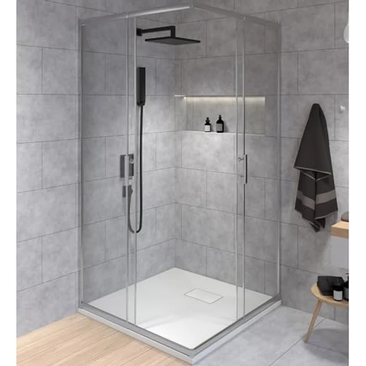 BADLAND Duschkabine HELA mit Duschwanne VIDAR 80x80 cm, quadratische Duschabtrennung aus transparentem Nano Glas 6 mm, Duschtasse in Weiß Steinoptik mit Ablaufgarnitur Ø 90 mm – Bild 1